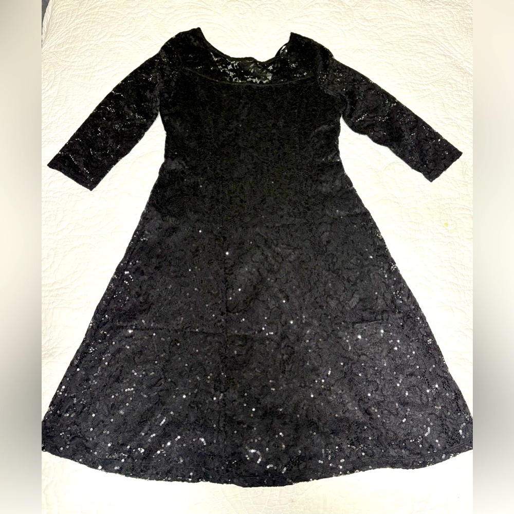 MARINA Black Lace and Sequined Cocktail Dress